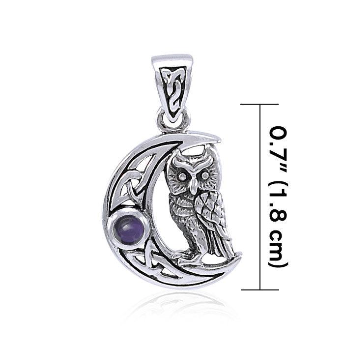 Owl with Celtic Crescent Moon Sterling Silver Pendant TPD4288