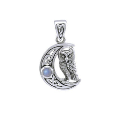 Owl with Celtic Crescent Moon Sterling Silver Pendant TPD4288 | Pendant | Wiccan Center
