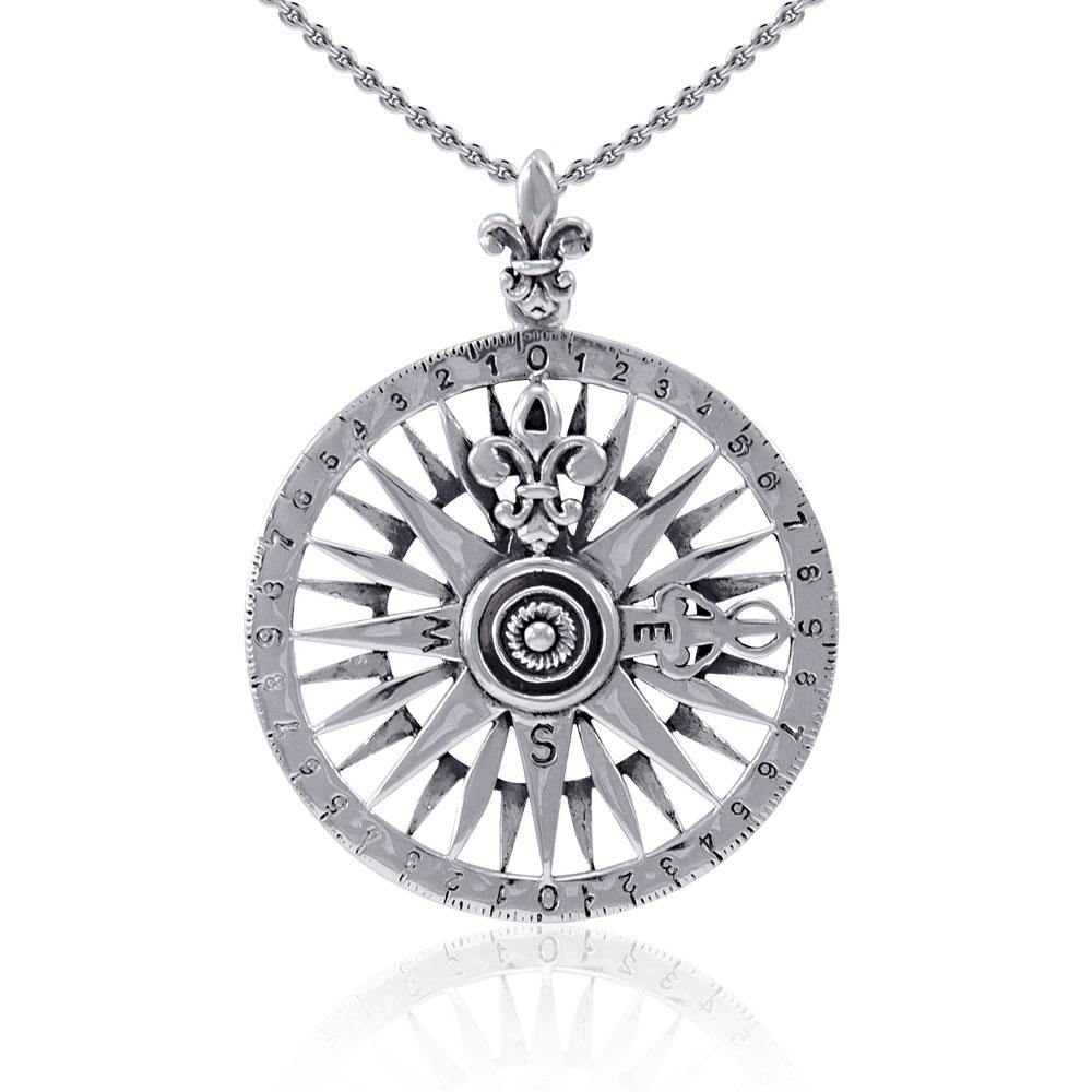 Celtic tradition in Fleur-de-Lis Sterling Silver Rose Compass Jewelry Pendant TPD4342