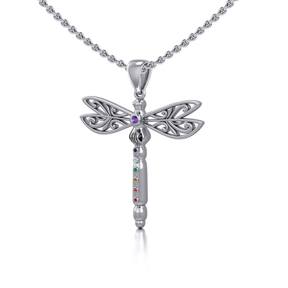 Spiritual Dragonfly Sterling Silver Pendant with Chakra Gems TPD5055