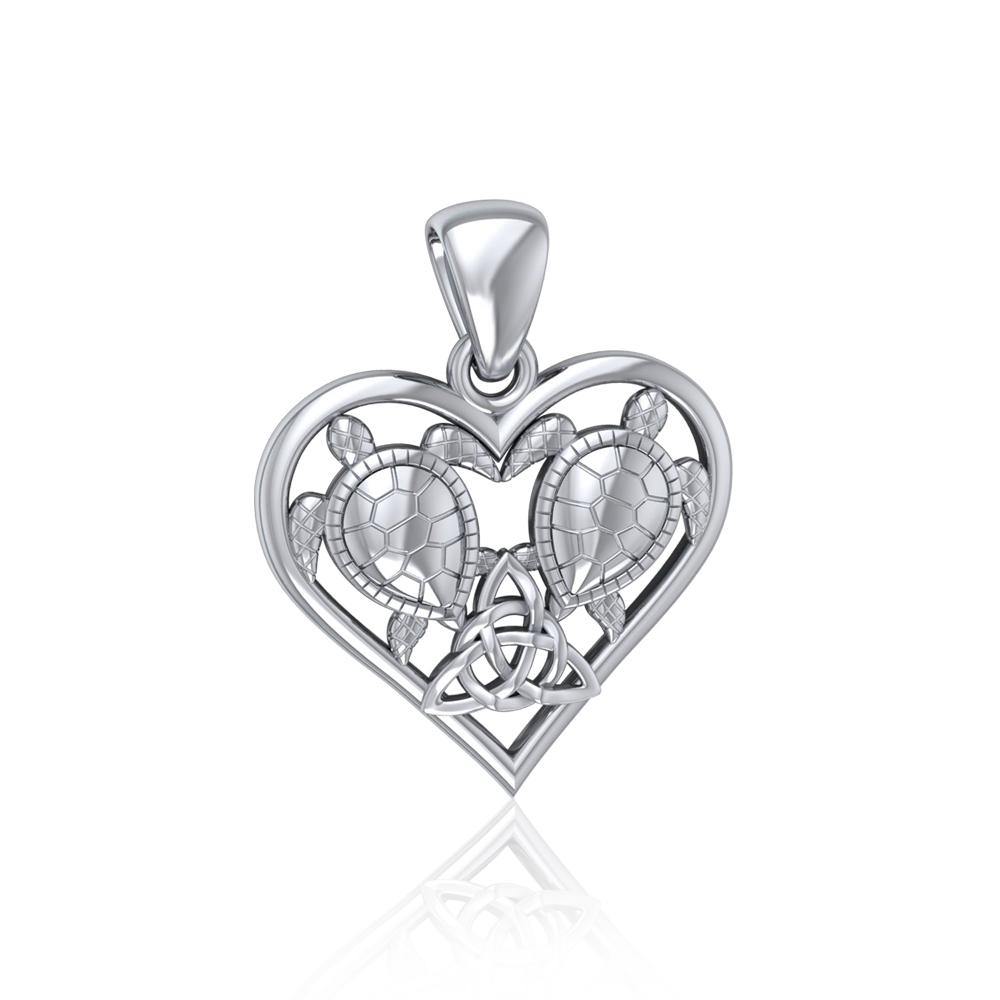Sea Turtles with Celtic Triquetra in Heart Sterling Silver Pendant TPD5211