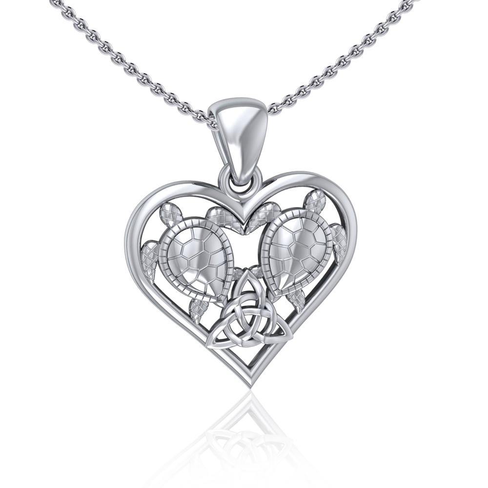 Sea Turtles with Celtic Triquetra in Heart Sterling Silver Pendant TPD5211