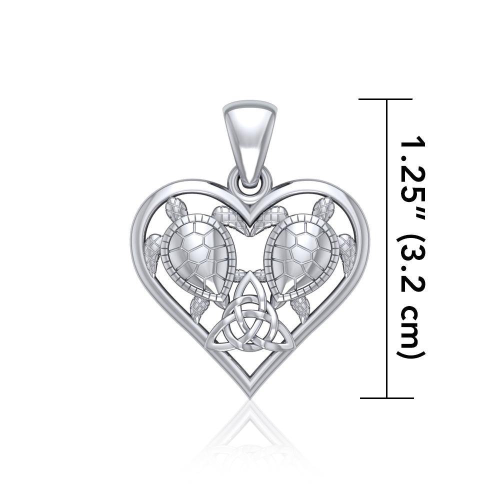 Sea Turtles with Celtic Triquetra in Heart Sterling Silver Pendant TPD5211