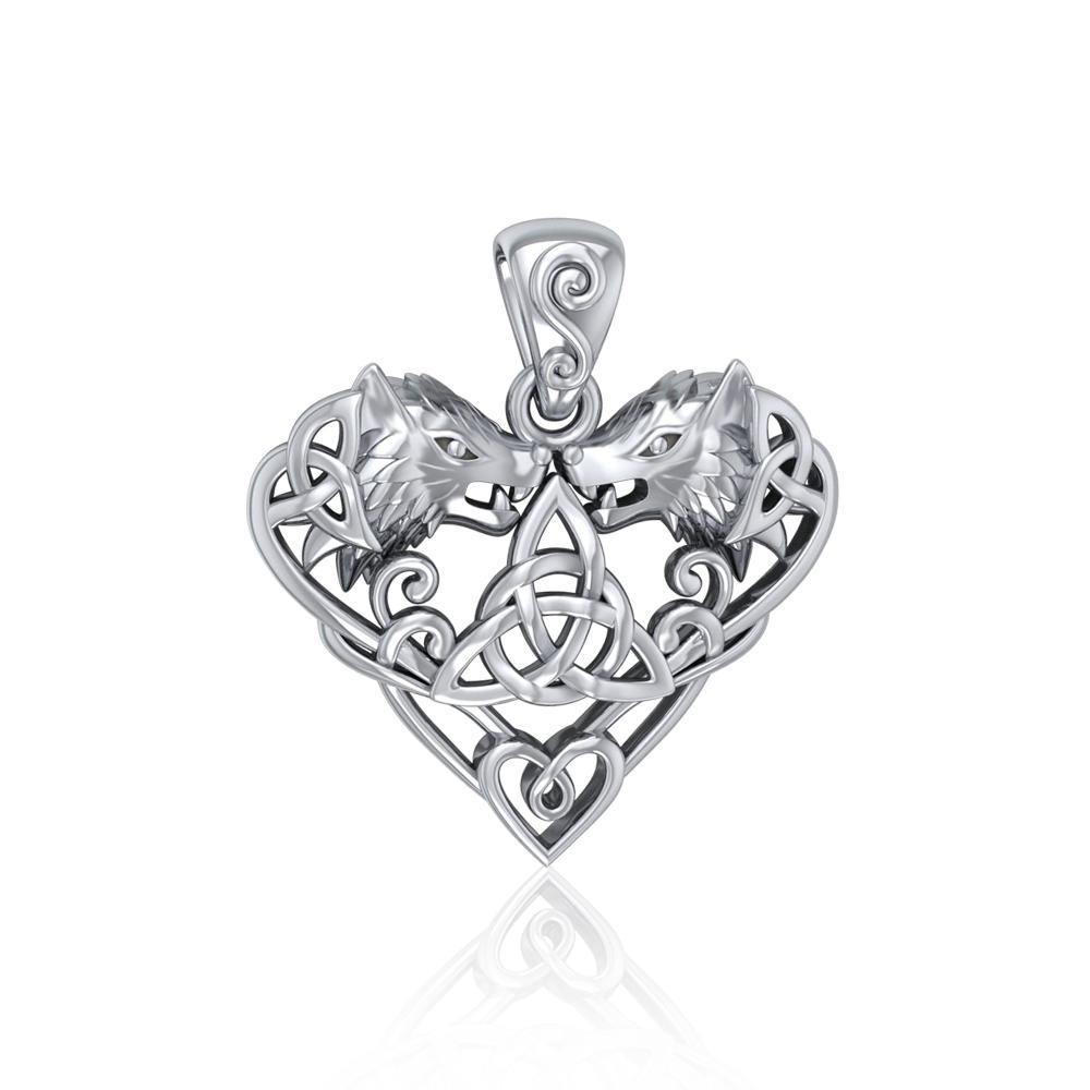 Wolves with Celtic Triquetra in Heart Sterling Silver Pendant TPD5212