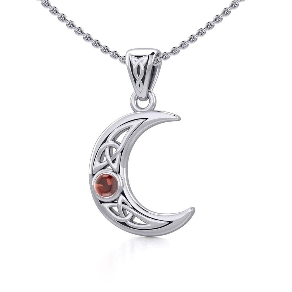 Small Celtic Crescent Moon Silver Pendant with Gemstone TPD5274