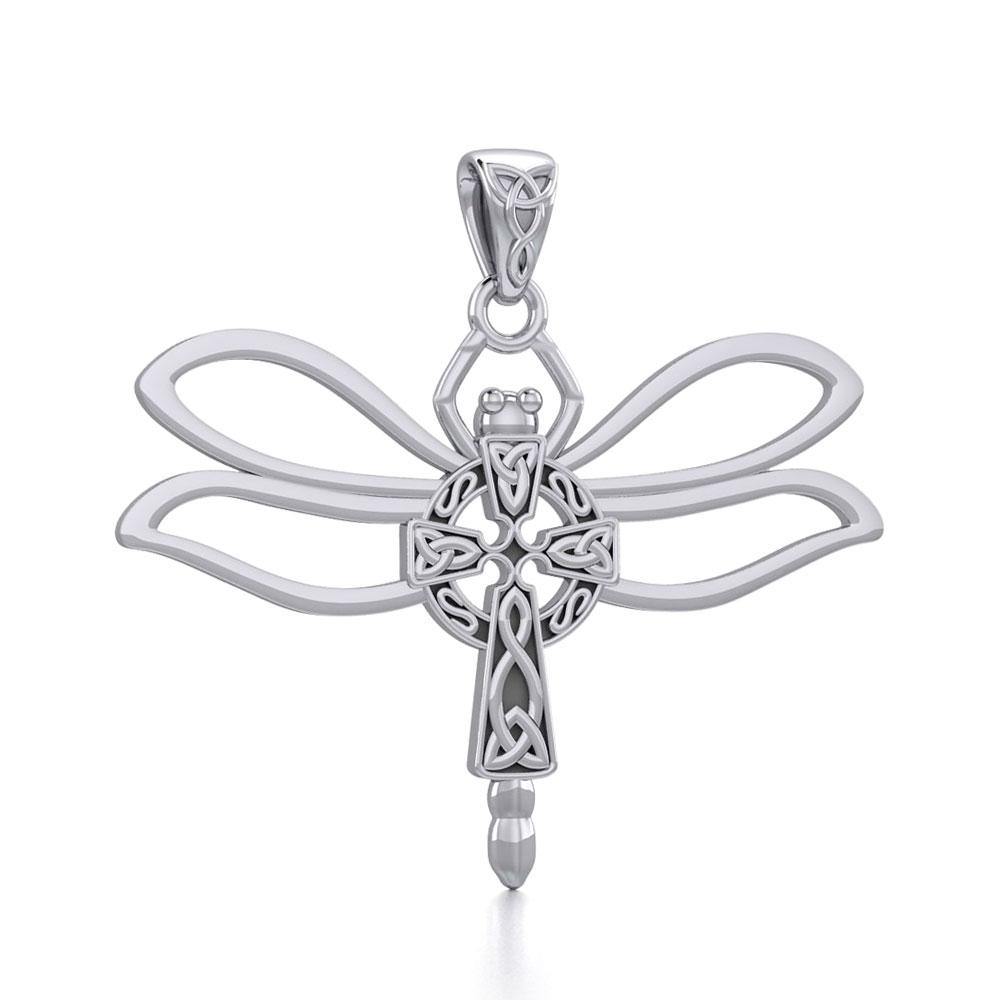 Dragonfly with Celtic Cross Sterling Silver Pendant TPD5323