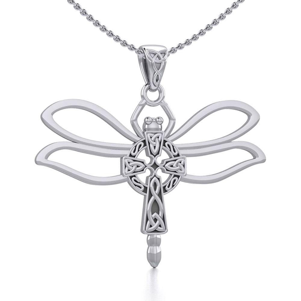 Dragonfly with Celtic Cross Sterling Silver Pendant TPD5323