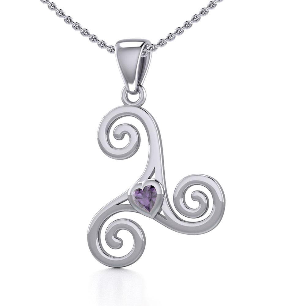 Celtic Spiral Triskele Silver Pendant with Heart Gemstone TPD5335