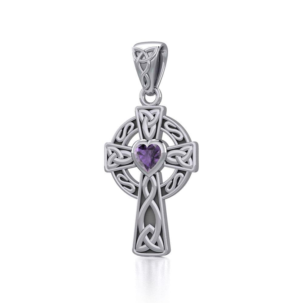 Celtic Cross Sterling Silver Pendant with Heart Gemstone TPD5337