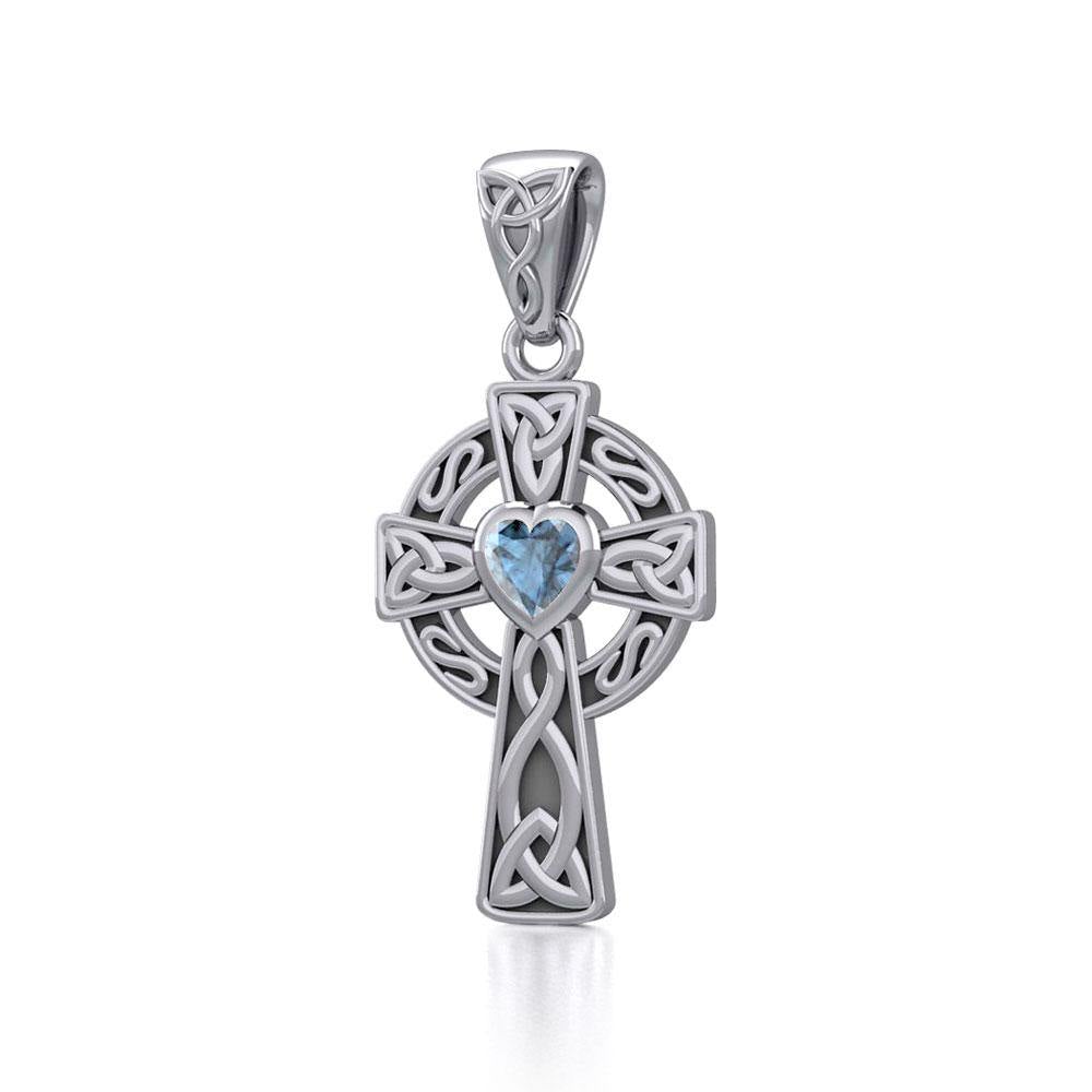 Celtic Cross Sterling Silver Pendant with Heart Gemstone TPD5337