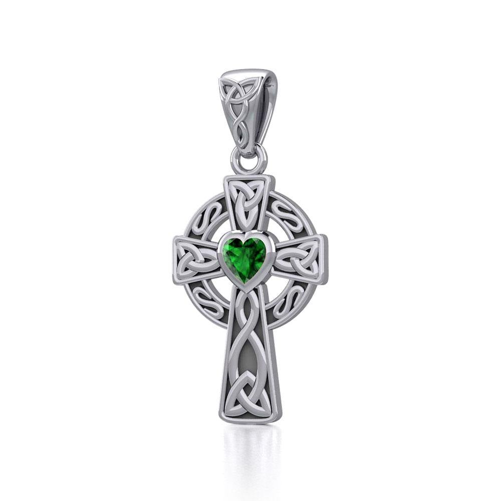 Celtic Cross Sterling Silver Pendant with Heart Gemstone TPD5337