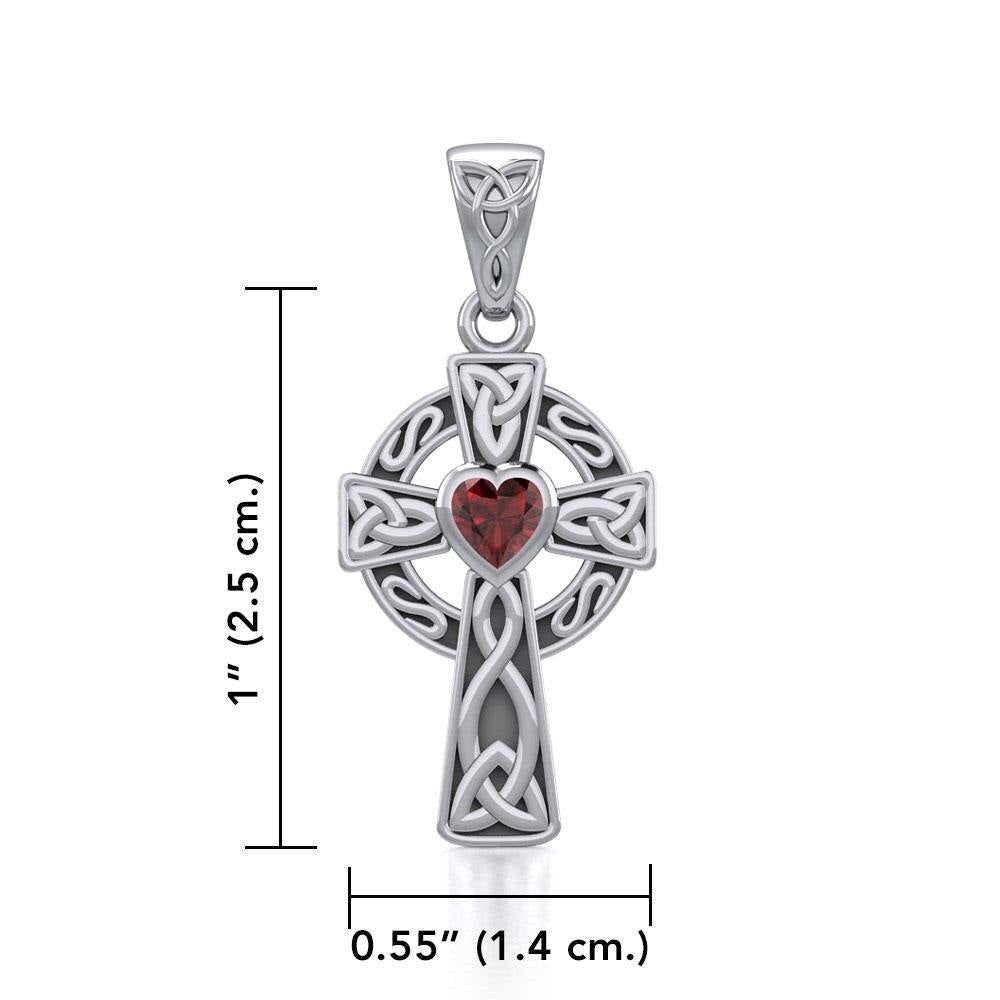 Celtic Cross Sterling Silver Pendant with Heart Gemstone TPD5337
