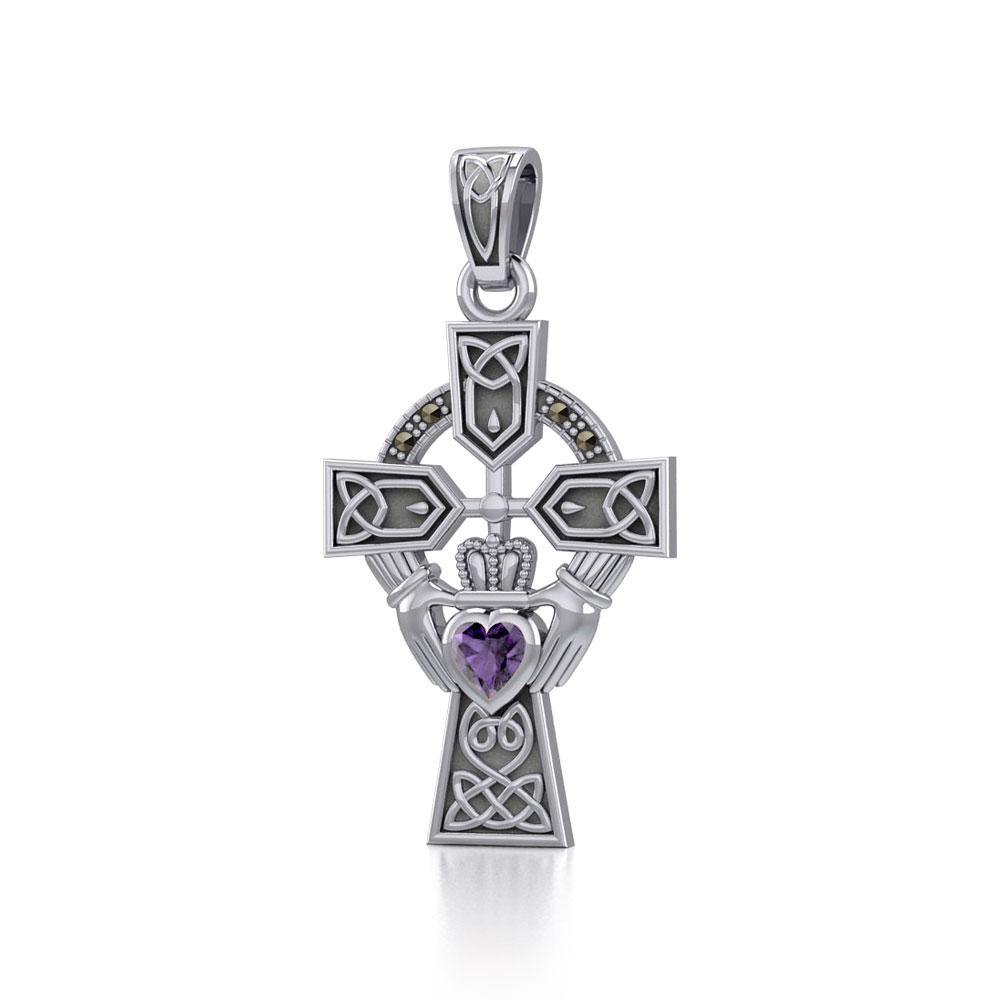 Celtic Cross and Irish Claddagh Sterling Silver Pendant with Heart Gemstone TPD5340