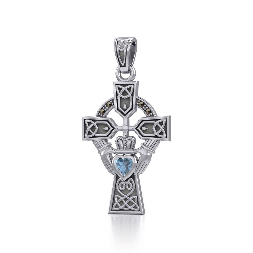 Celtic Cross and Irish Claddagh Sterling Silver Pendant with Heart Gemstone TPD5340