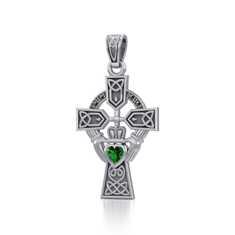Celtic Cross and Irish Claddagh Sterling Silver Pendant with Heart Gemstone TPD5340