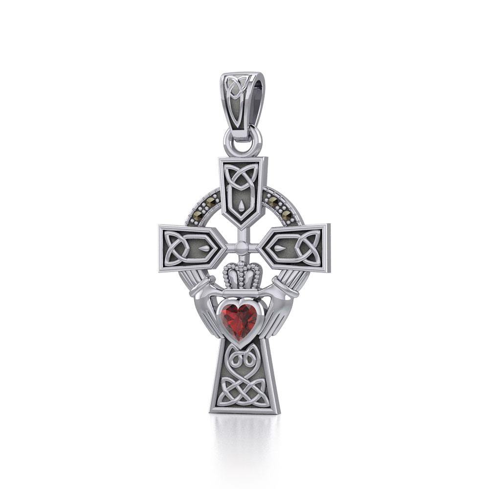 Celtic Cross and Irish Claddagh Sterling Silver Pendant with Heart Gemstone TPD5340