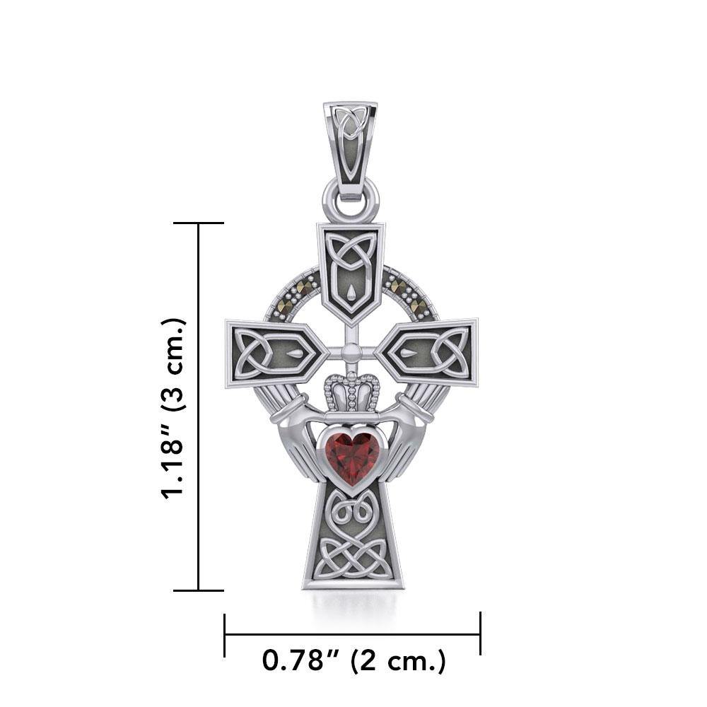 Celtic Cross and Irish Claddagh Sterling Silver Pendant with Heart Gemstone TPD5340