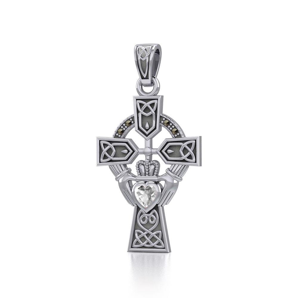 Celtic Cross and Irish Claddagh Sterling Silver Pendant with Heart Gemstone TPD5340