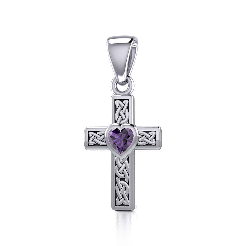 Celtic Cross Silver Pendant with Heart Gemstone TPD5347