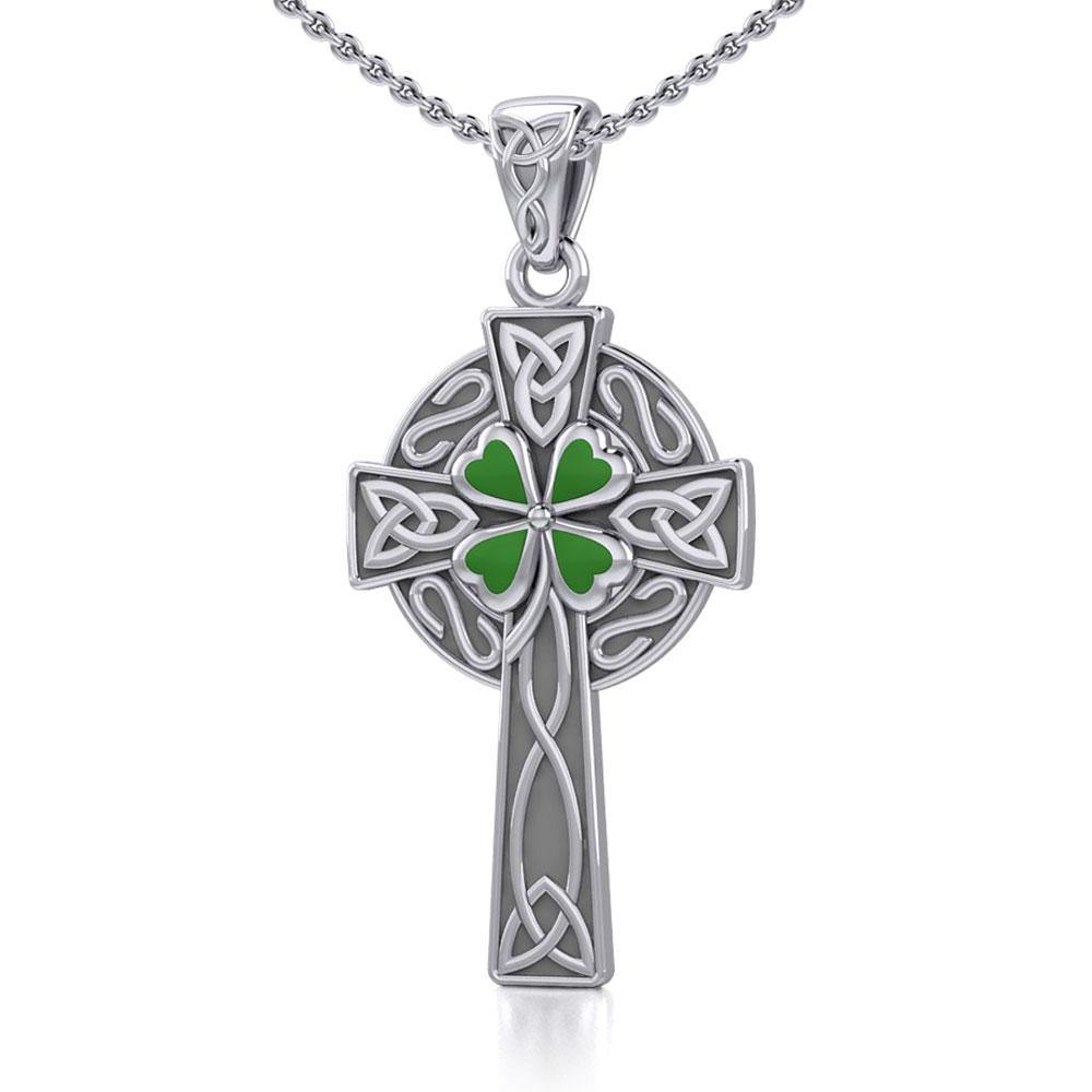Celtic Cross Sterling Silver with Enamel Clover Pendant TPD5358