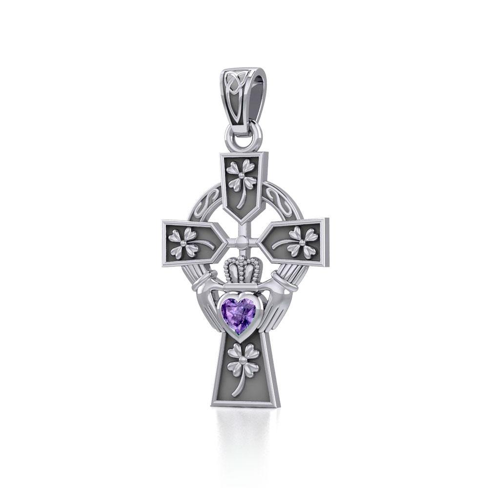 Claddagh Celtic Cross with Lucky Four Leaf Clover Sterling Silver Pendant TPD5359