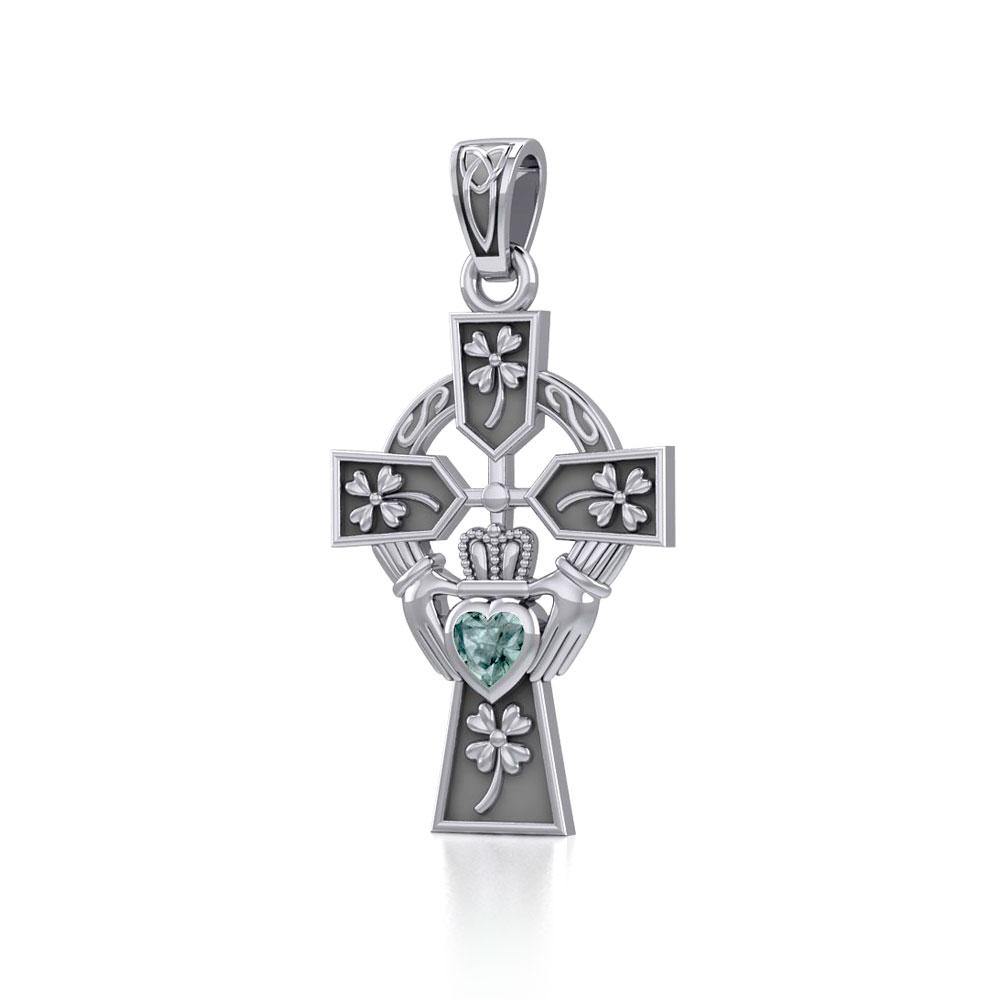 Claddagh Celtic Cross with Lucky Four Leaf Clover Sterling Silver Pendant TPD5359