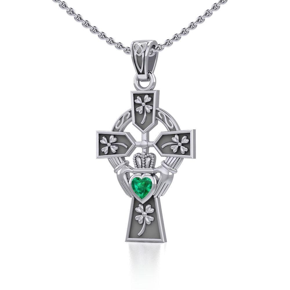 Claddagh Celtic Cross with Lucky Four Leaf Clover Sterling Silver Pendant TPD5359