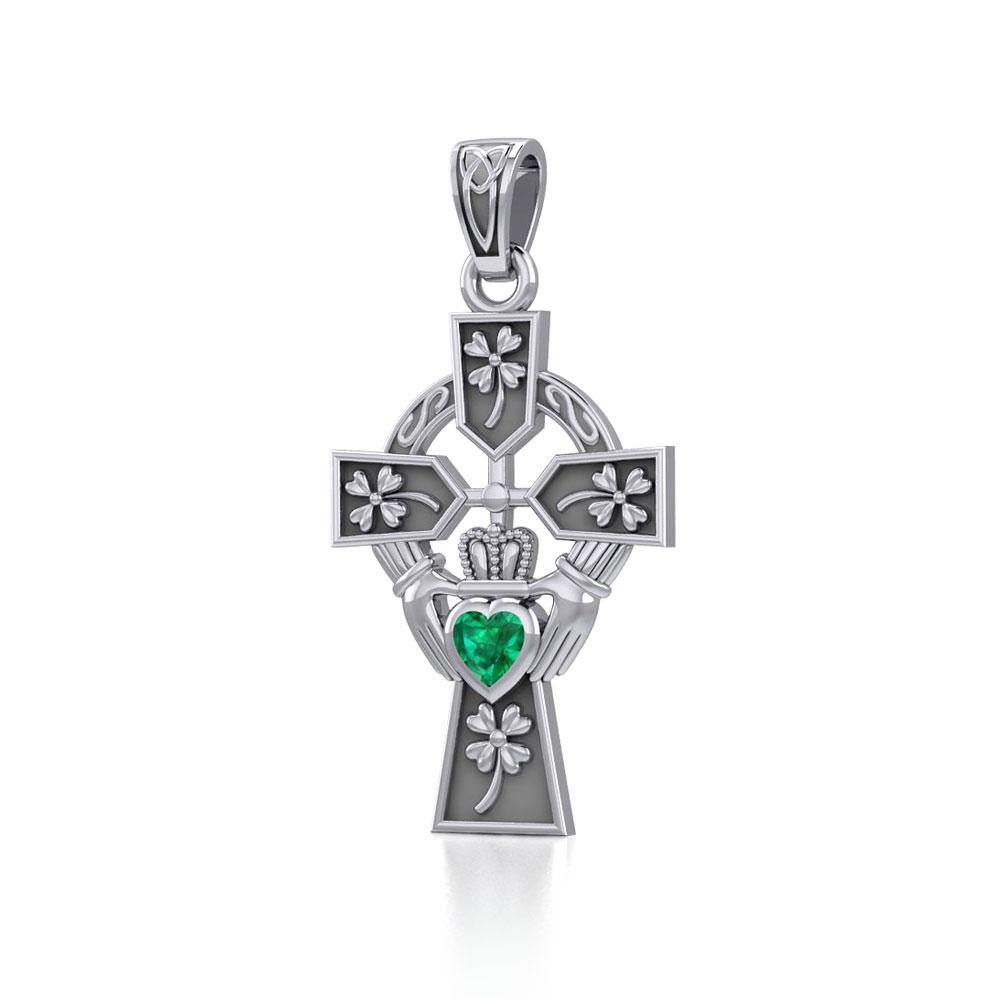 Claddagh Celtic Cross with Lucky Four Leaf Clover Sterling Silver Pendant TPD5359