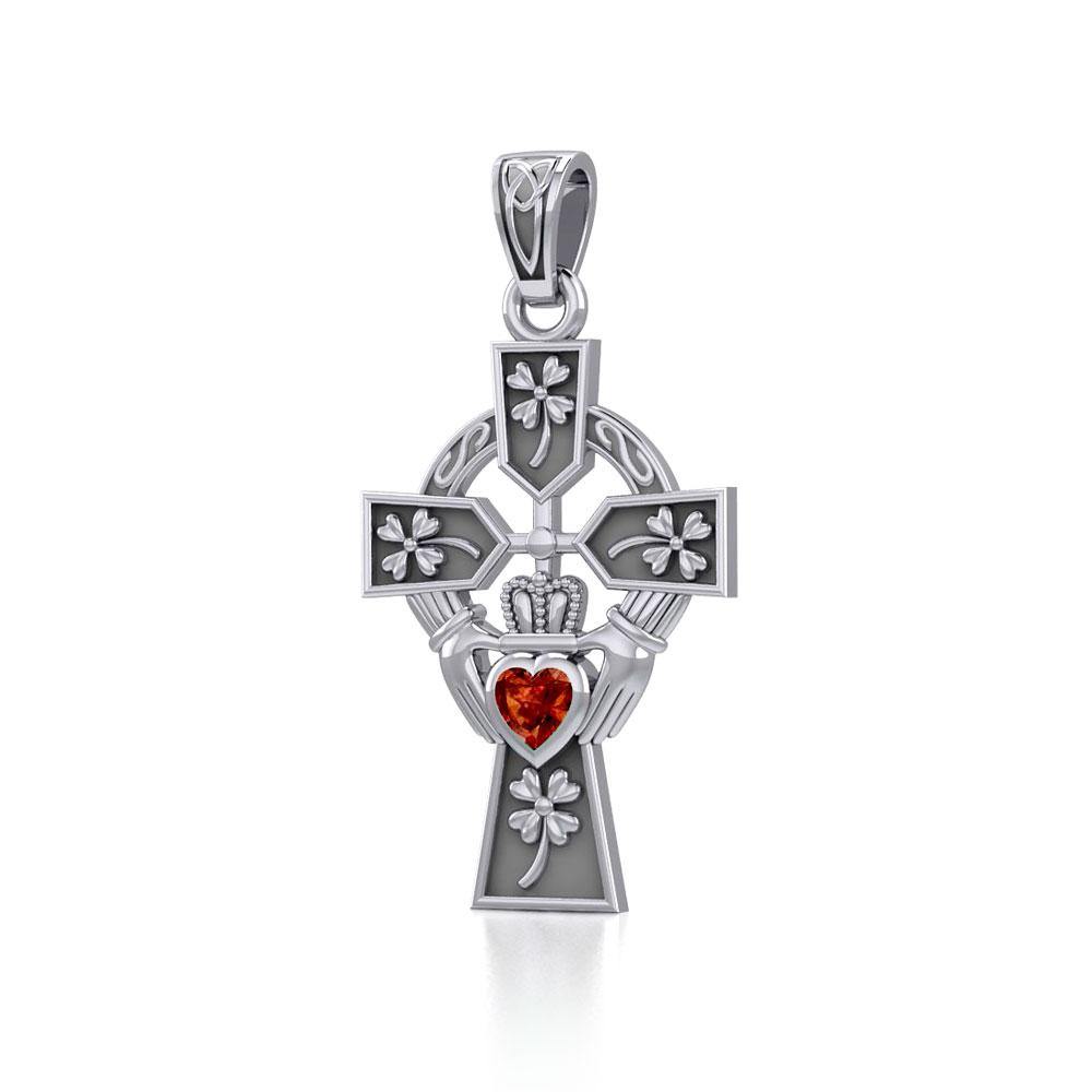 Claddagh Celtic Cross with Lucky Four Leaf Clover Sterling Silver Pendant TPD5359