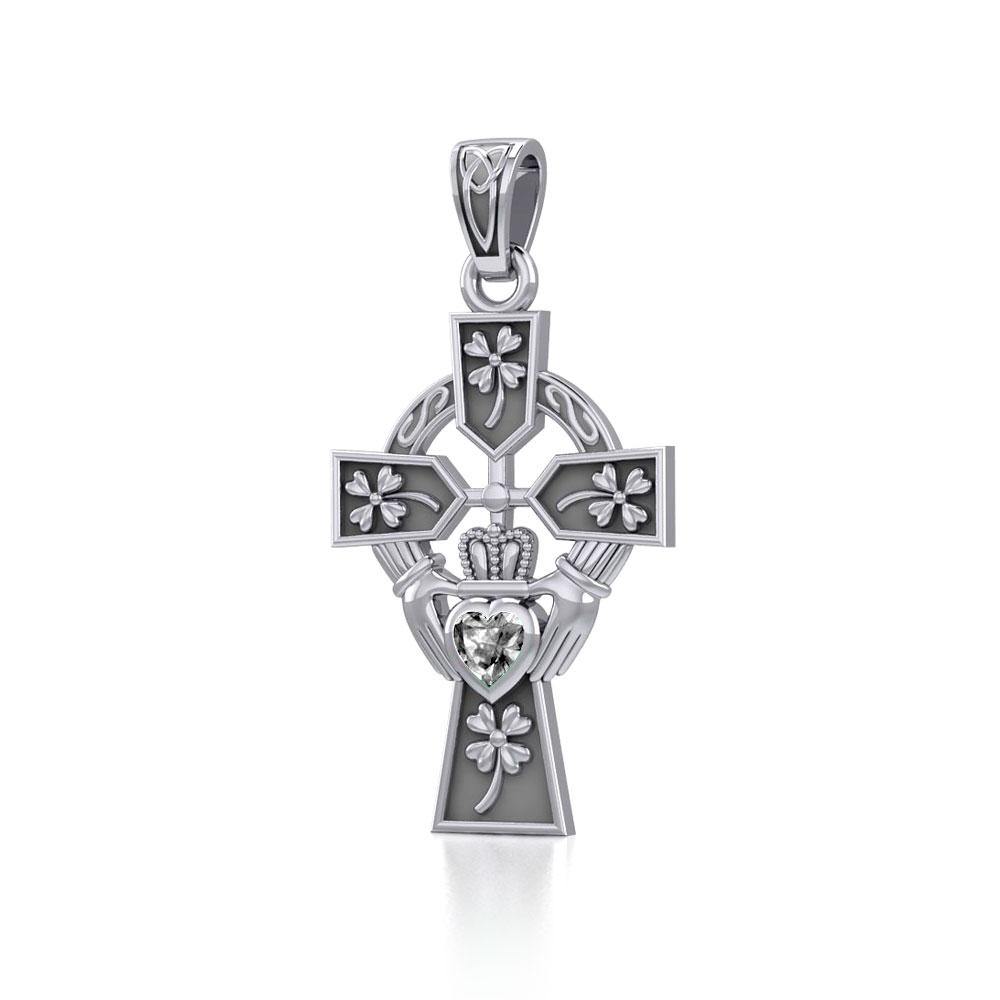 Claddagh Celtic Cross with Lucky Four Leaf Clover Sterling Silver Pendant TPD5359