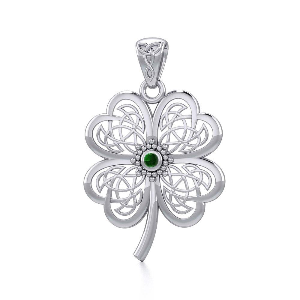 Lucky Celtic Four Leaf Clover Sterling Silver Pendant with Gemstone TPD5373