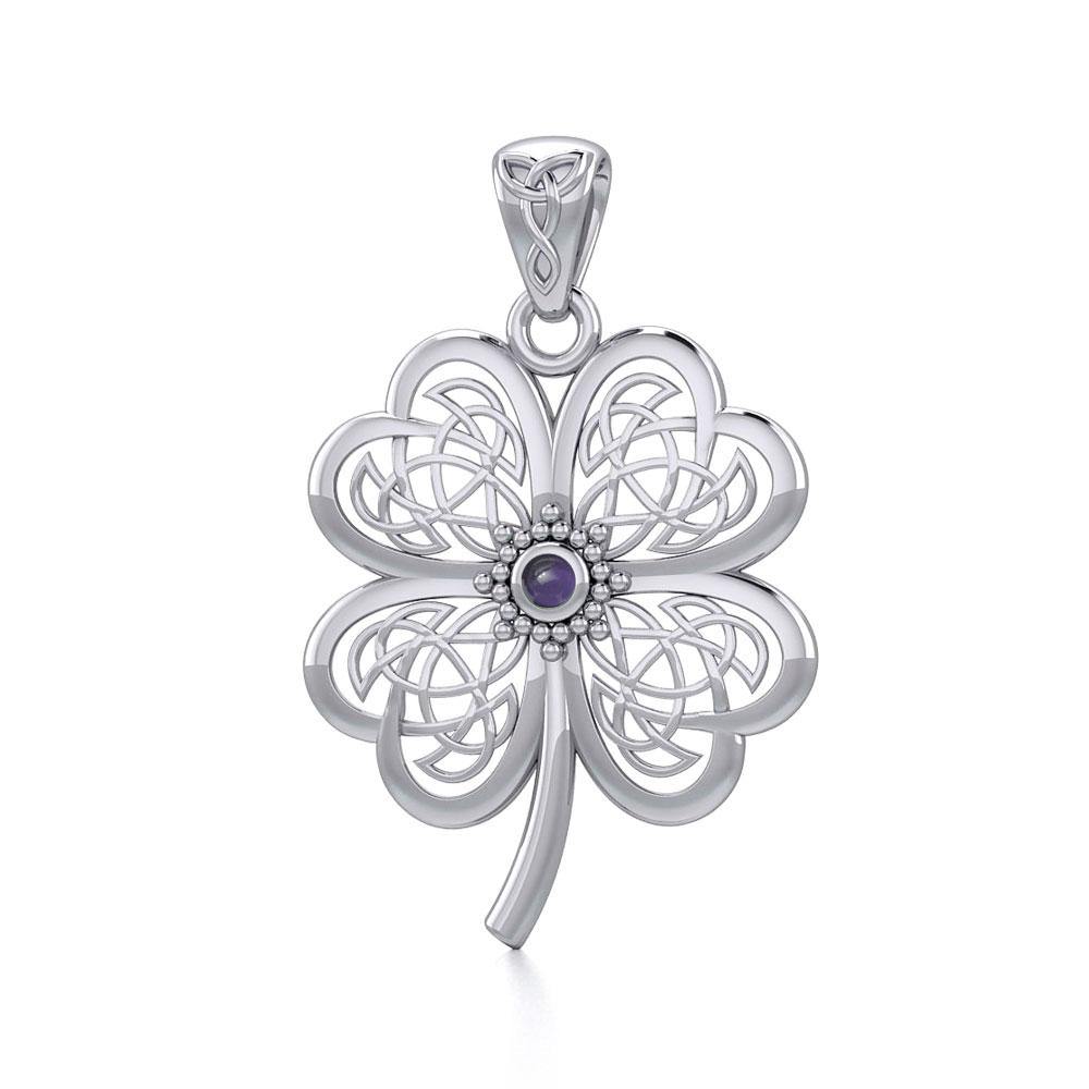 Lucky Celtic Four Leaf Clover Sterling Silver Pendant with Gemstone TPD5373