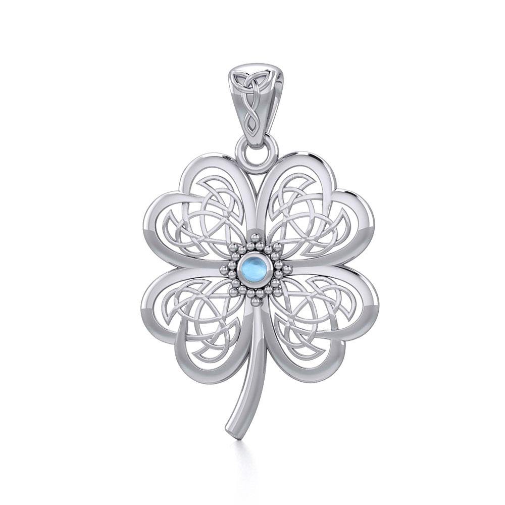 Lucky Celtic Four Leaf Clover Sterling Silver Pendant with Gemstone TPD5373