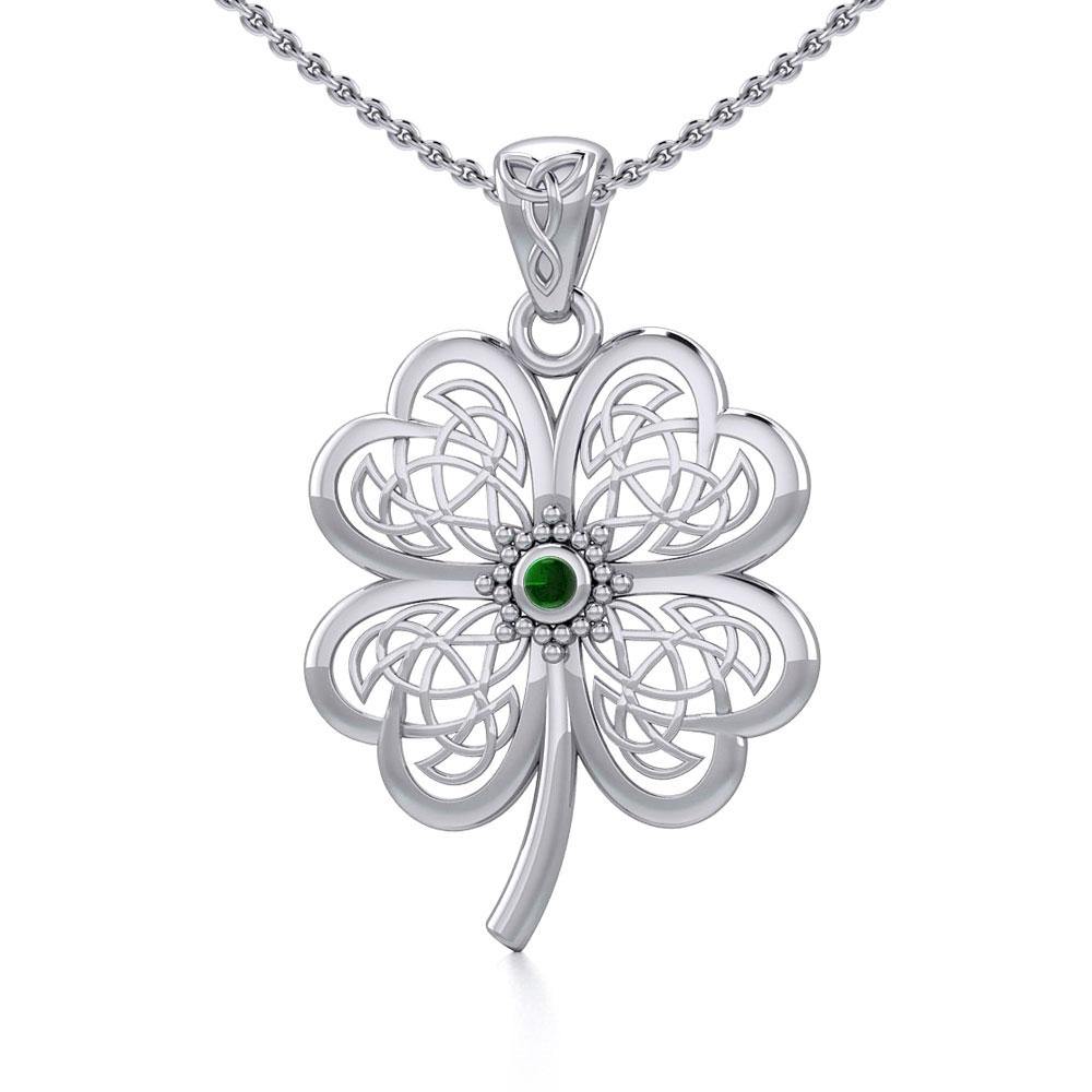 Lucky Celtic Four Leaf Clover Sterling Silver Pendant with Gemstone TPD5373