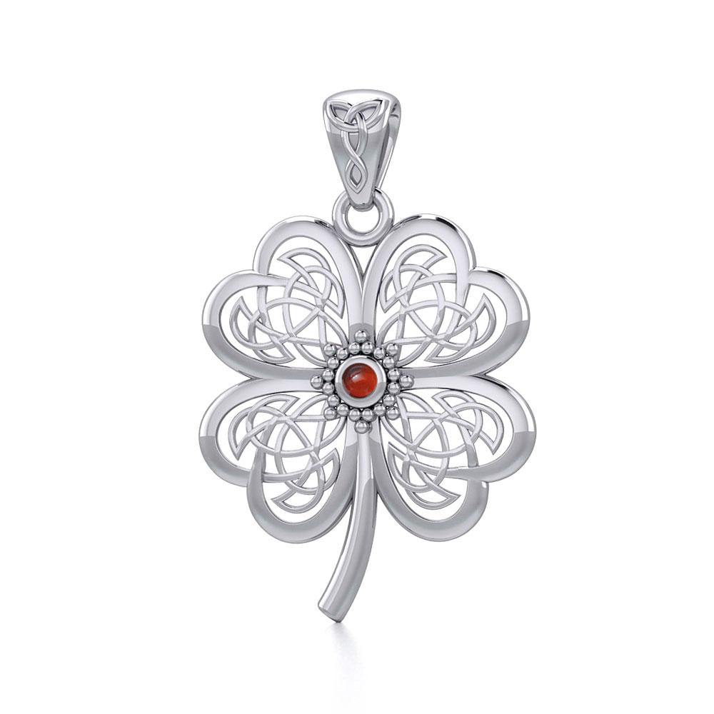 Lucky Celtic Four Leaf Clover Sterling Silver Pendant with Gemstone TPD5373