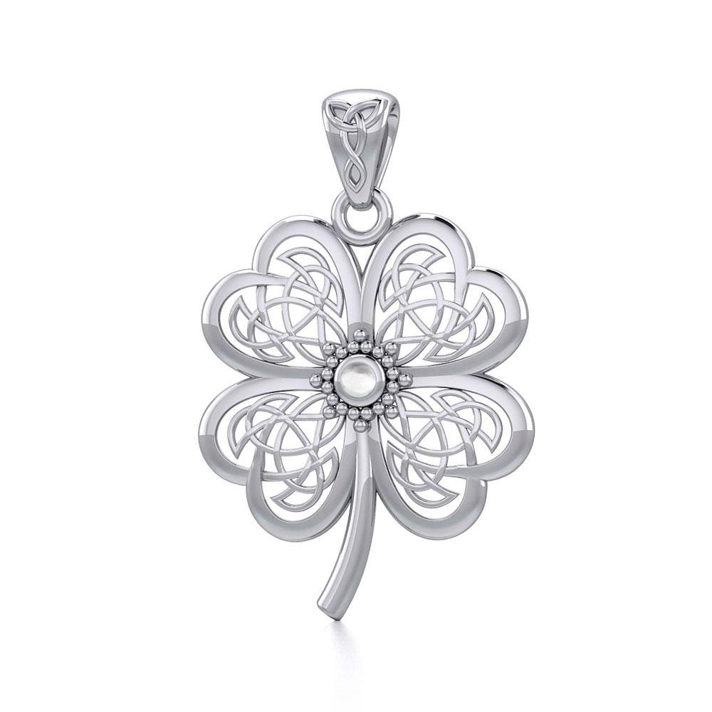 Lucky Celtic Four Leaf Clover Sterling Silver Pendant with Gemstone TPD5373
