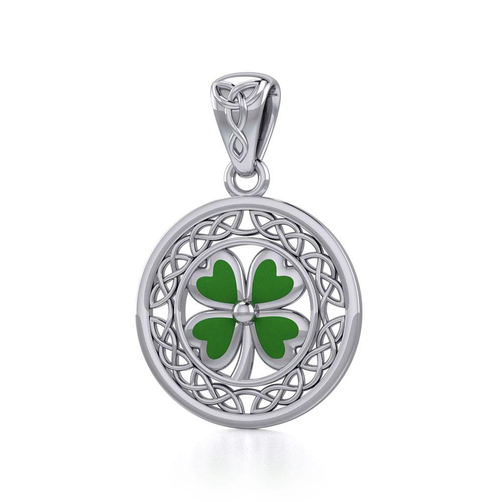 Lucky Celtic Four Leaf Clover Sterling Silver Pendant with Enamel TPD5374