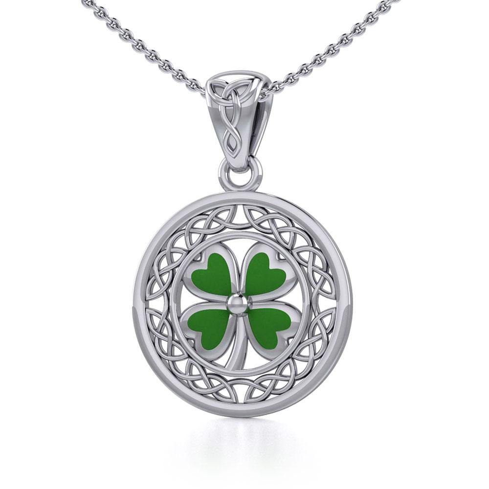 Lucky Celtic Four Leaf Clover Sterling Silver Pendant with Enamel TPD5374