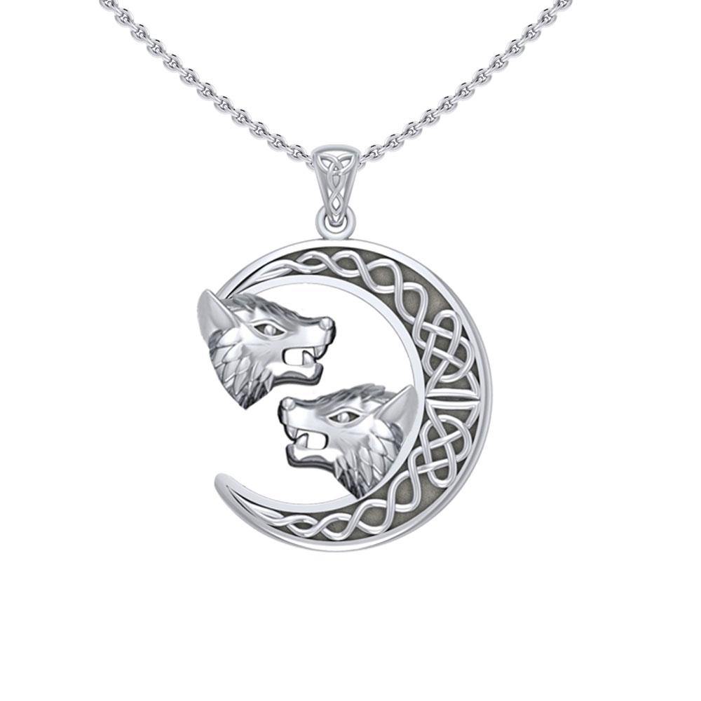 Double Wolf Heads with Celtic Crescent Moon Silver Pendant TPD5424