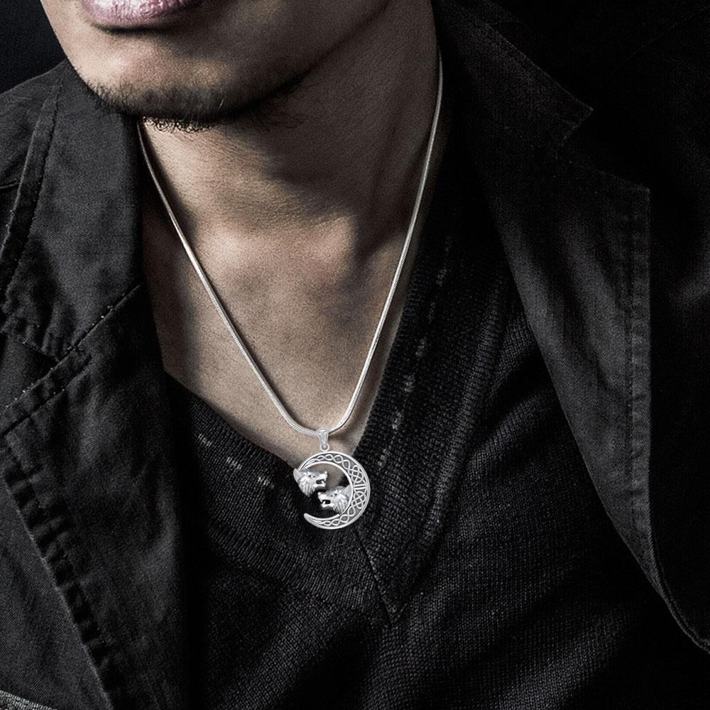 Double Wolf Heads with Celtic Crescent Moon Silver Pendant TPD5424