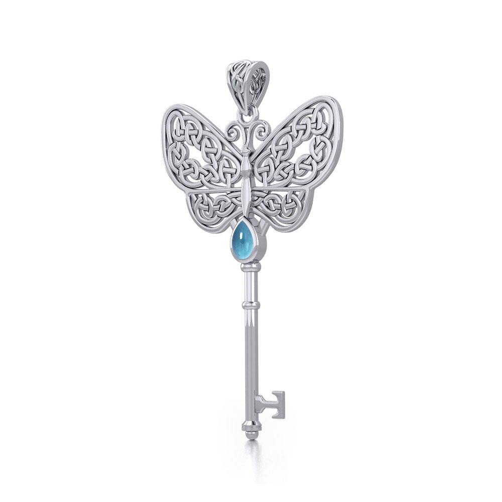 Celtic Butterfly Spiritual Enchantment Key Silver Pendant with Gem TPD5686