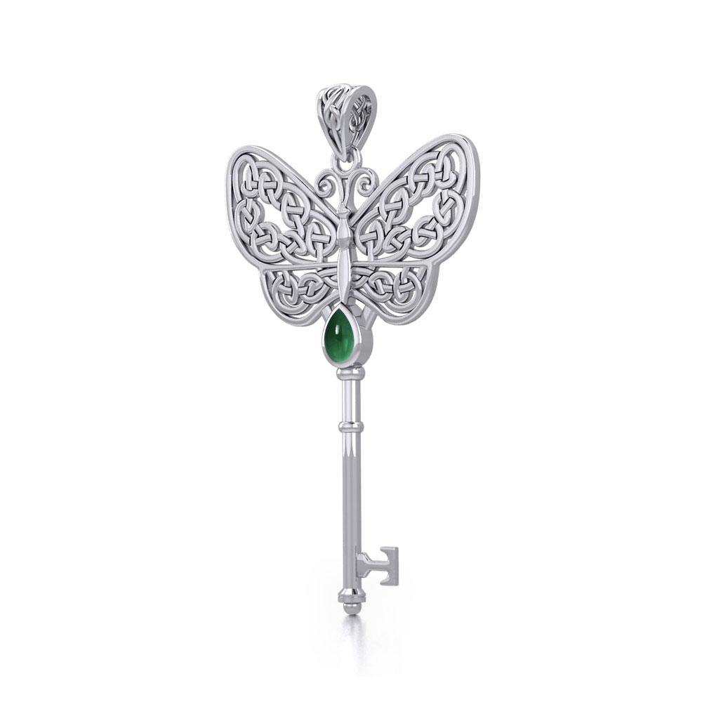Celtic Butterfly Spiritual Enchantment Key Silver Pendant with Gem TPD5686