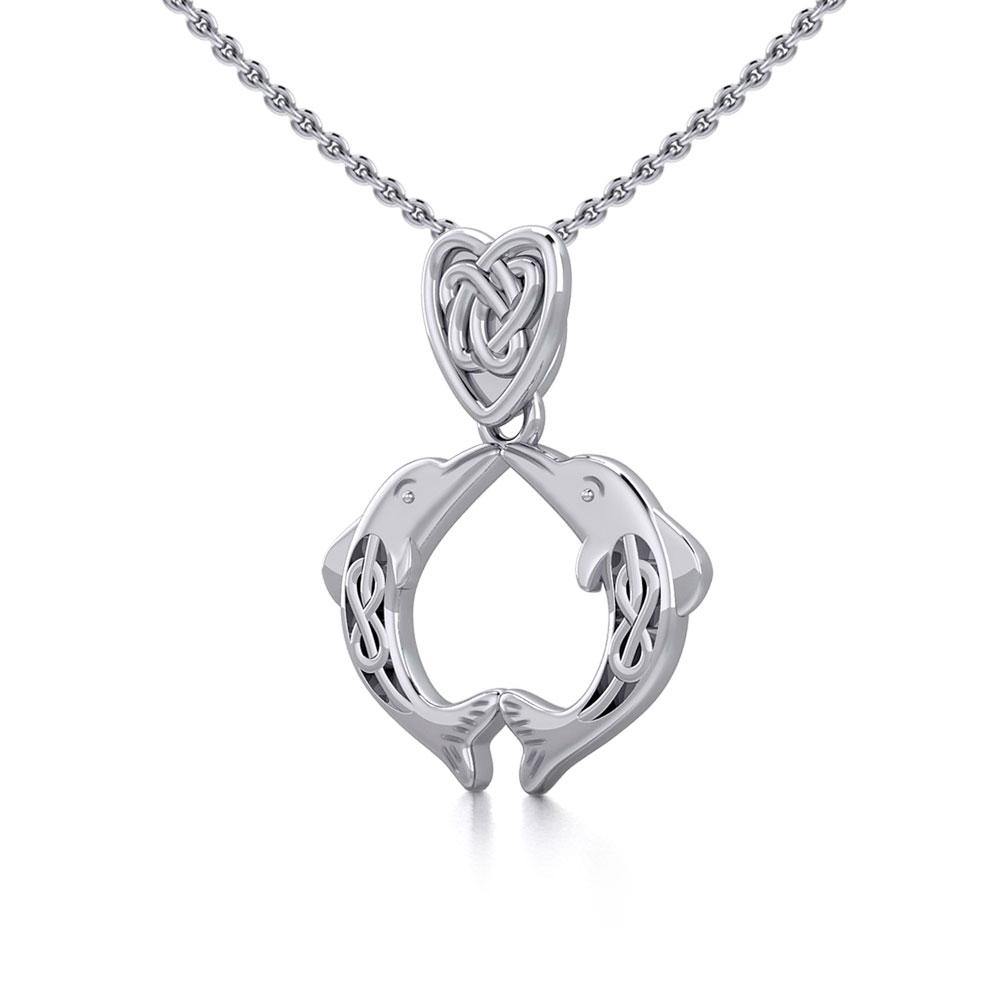 Celtic Double Dolphins with Celtic Heart Bale Silver Pendant TPD5697