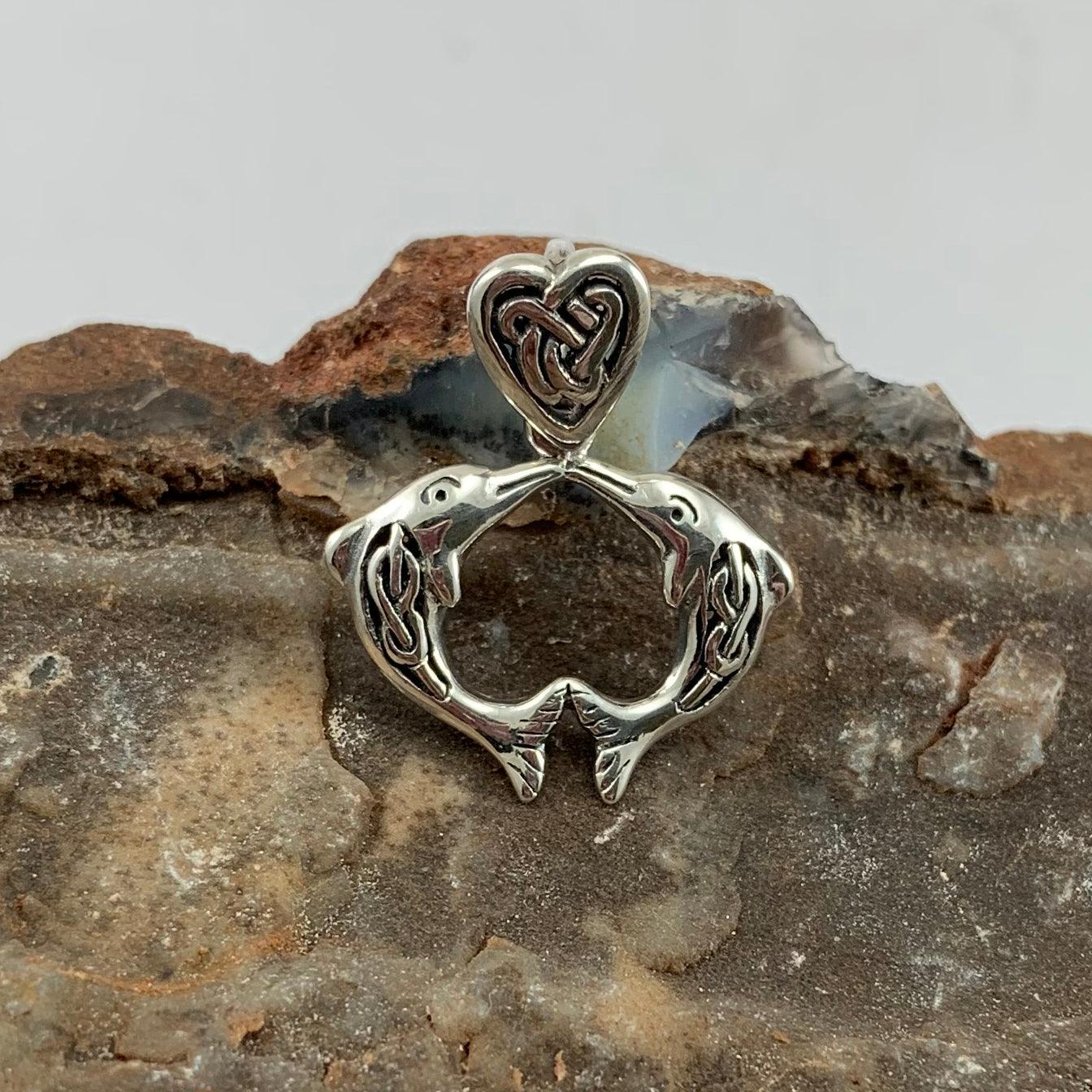 Celtic Double Dolphins with Celtic Heart Bale Silver Pendant TPD5697