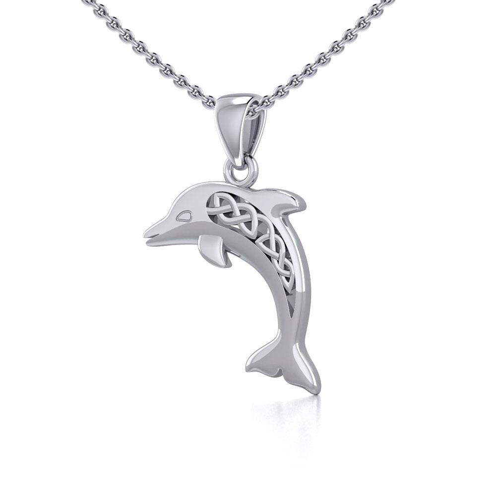 Large Celtic Joyful Dolphin Silver Pendant TPD5698