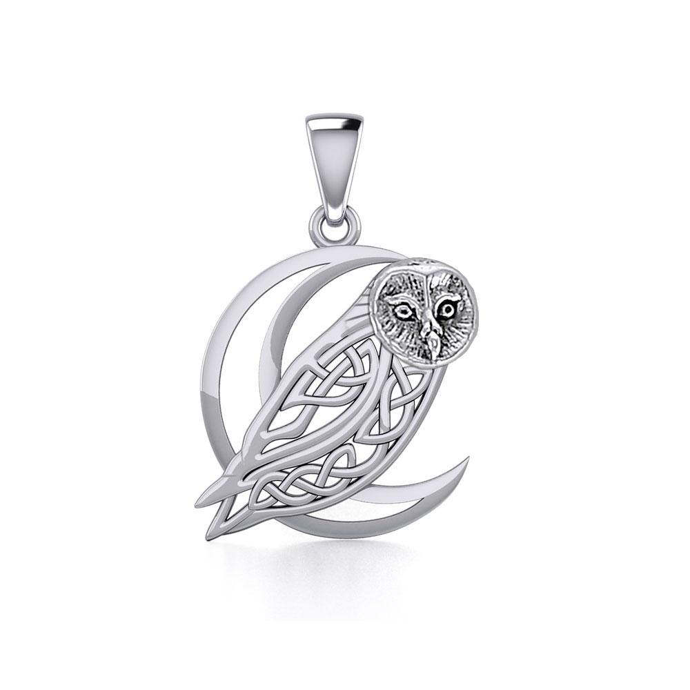 Celtic Owl on Crescent Moon Sterling Silver Pendant TPD5714