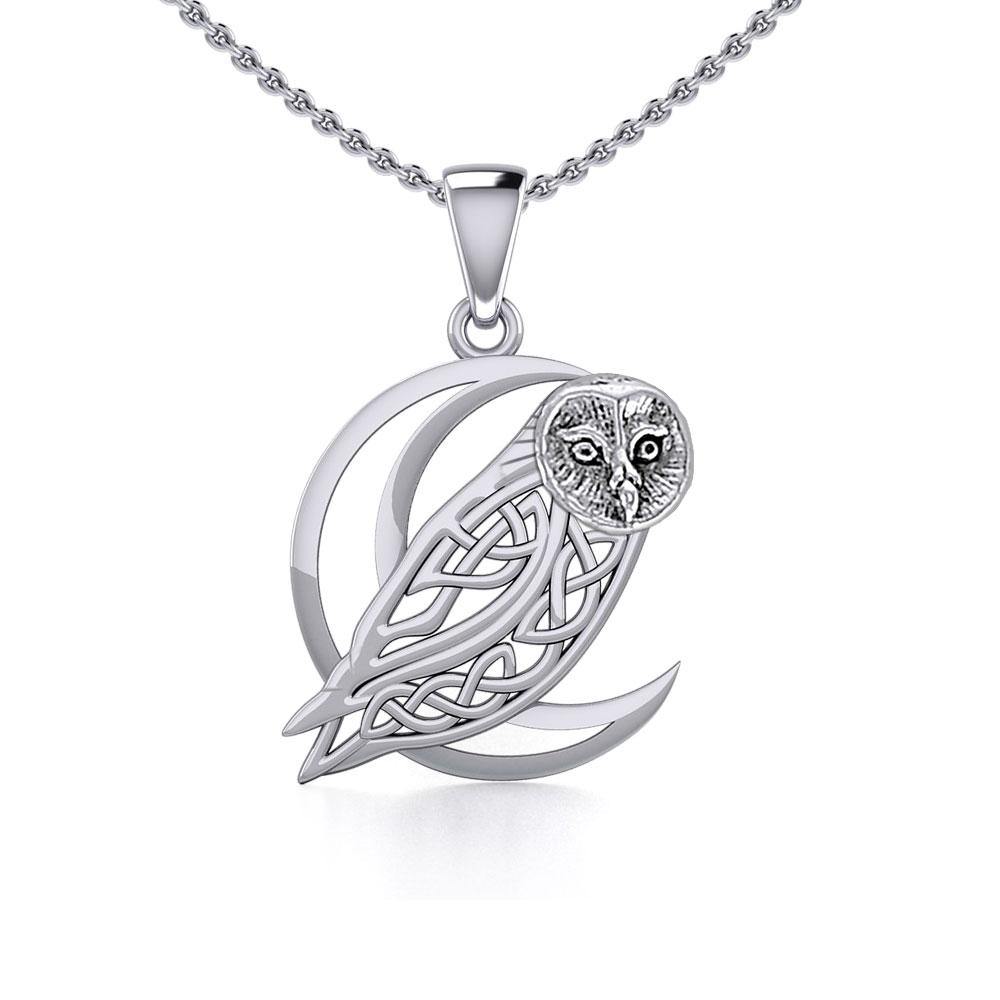 Celtic Owl on Crescent Moon Sterling Silver Pendant TPD5714