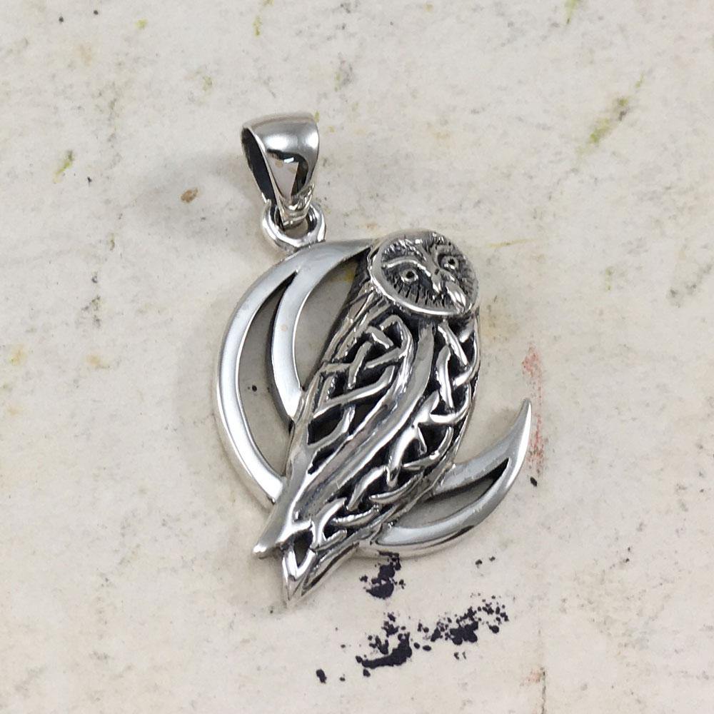 Celtic Owl on Crescent Moon Sterling Silver Pendant TPD5714