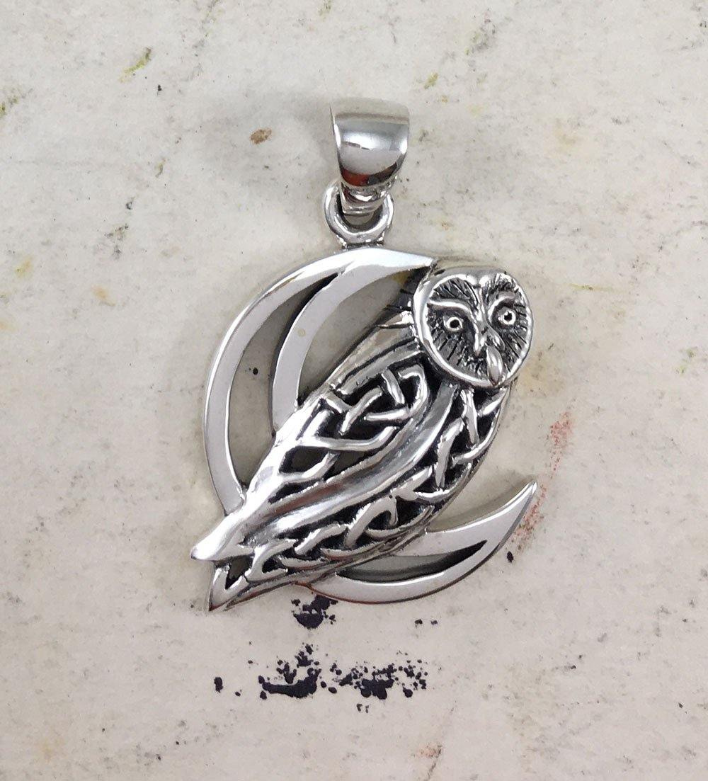 Celtic Owl on Crescent Moon Sterling Silver Pendant TPD5714