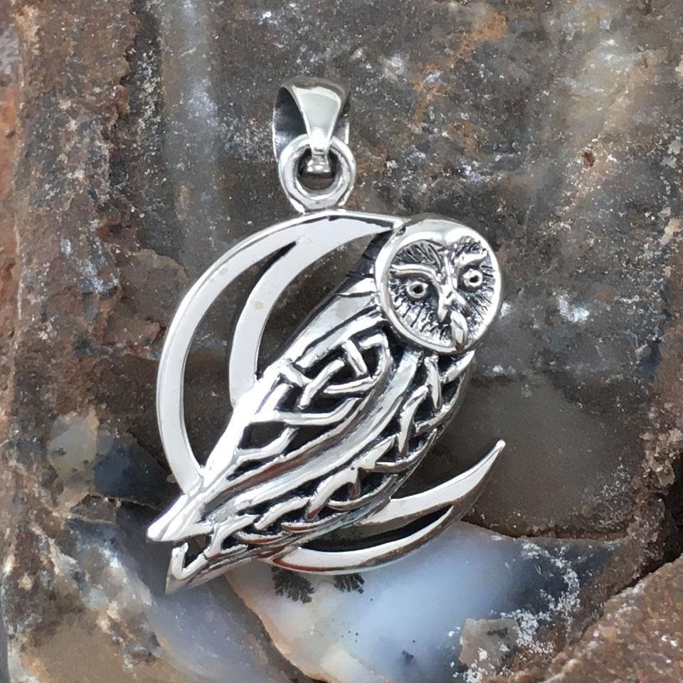 Celtic Owl on Crescent Moon Sterling Silver Pendant TPD5714
